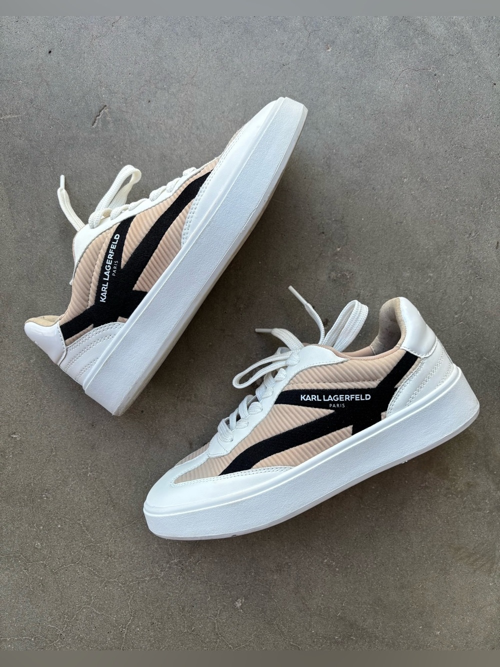 Karl Lagerfeld Paris Shila Nude White Canvas Leather Sneakers Shoes Size 6